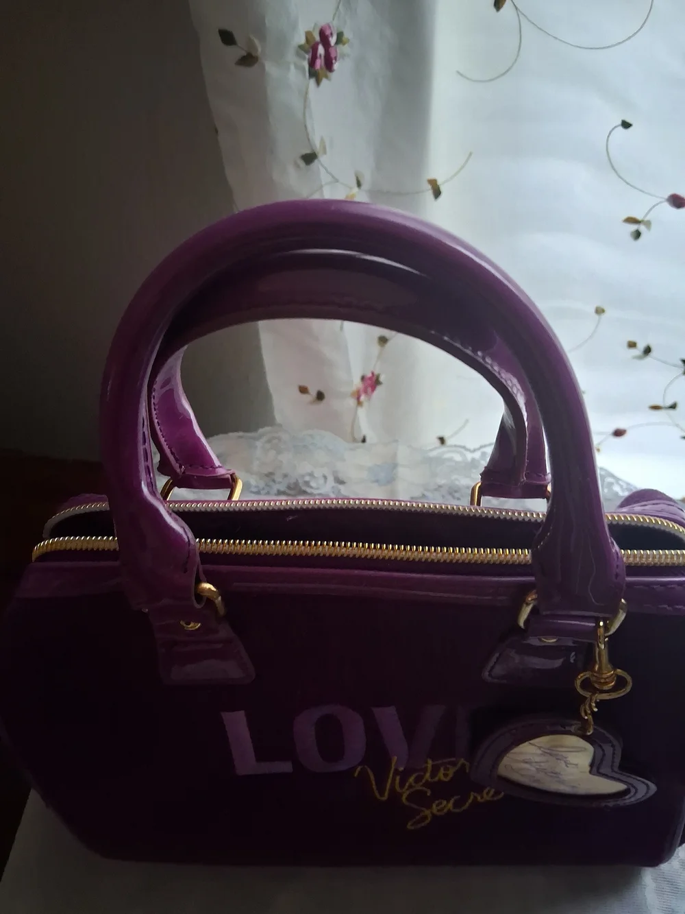 Victoria's Secret Purple Velvet Satchel with Glossy Handles